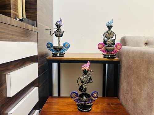 Image of OVIK Metal Multicolor Musician Set of 3 with T-Light Stand Playing Musical Instrument Idol Handpainted Figurine Showpiece for Home Decor Tv Unit Living Room Office Decor (Each Size 7x12 Inch)
