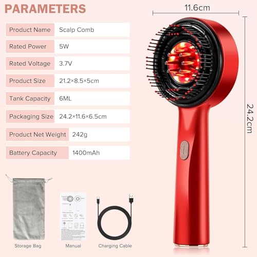 Image of Electric Scalp Comb with LED Light, Red Handheld Hair Scalp Device, Rechargeable with Oil Tank, USB Charging