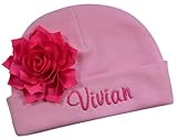 Personalized Embroidered Baby Girl Hat with Lotus Flower and Your Custom Name (Pink Hat/Hot Pink Flower)