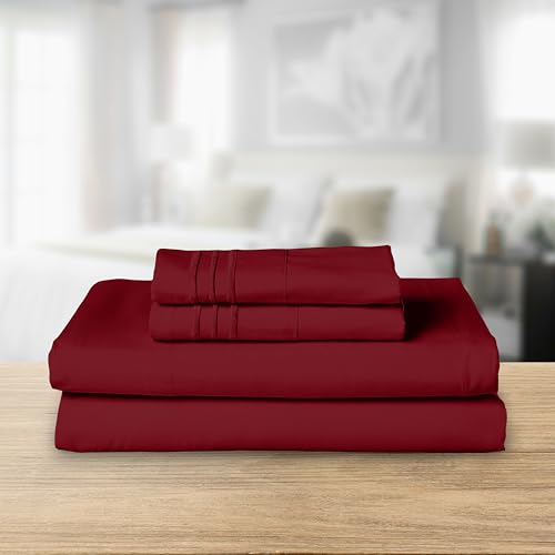 Image of Elegant Comfort Luxurious 1500 Premium Hotel Quality Microfiber Three Line Embroidered Softest 4-Piece Bed Sheet Set, Wrinkle and Fade Resistant, King, Burgundy