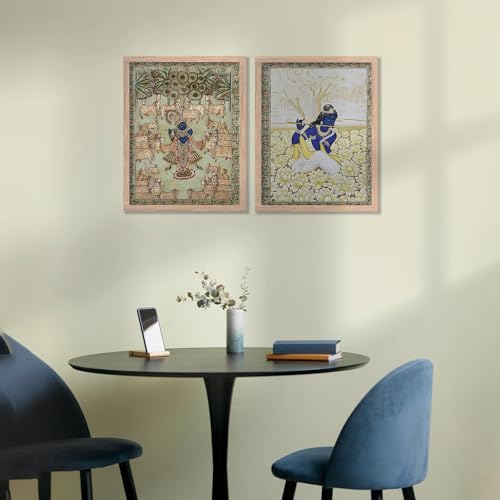 Image of kotart Traditional Indian Wall Art Painting Set of 2 | Kamdhenu Cow Design | MDF Wooden Framed Spiritual Wall Decor for Living Room, Pooja Room & Home (Art 6, 14x20 Inch)