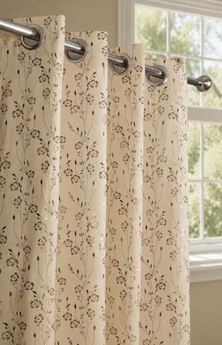 Image of Velvet Golden Foil Flower Pattern Curtains 9 Feet Long Pack of 1, Cream