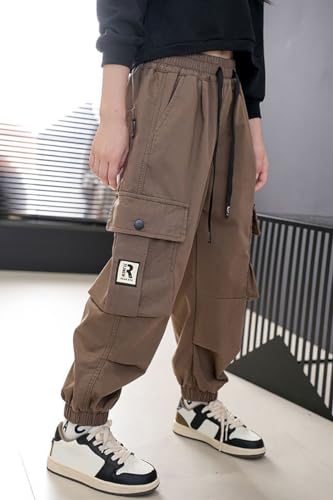 Image of AOWKULAE Girls Casual Cargo Pants for Kids Drawstring Elastic Waist Jogger Pants 6-14 Years
