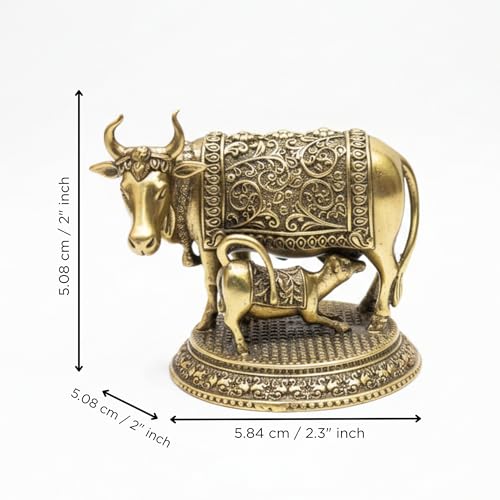 Image of eCraftIndia Golden Brass Kamdhenu Cow and Calf Idol for Home Decor Living Room Animal Figurine Cow Statue with Calf Gift for Diwali Housewarming Birthday