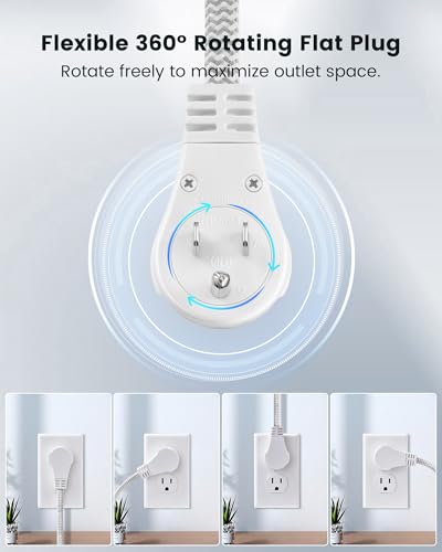 Image of SURAIELEC - 6 ft Flat Braided Extension Cord with 3 Power outlets - 360 Swivel - Braided Flat wall Socket - 16 AWG - White - for Indoor use