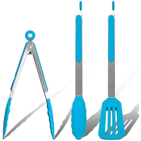 Alimat PluS Silicone Kitchen Tongs Set of 3, Cooking Tongs Including Spatula Tong (12Inch) for Easy Turning and 2 Basic Food Tongs (9Inch, 12Inch) for Cooking, Grilling, Serving(Blue) Cover
