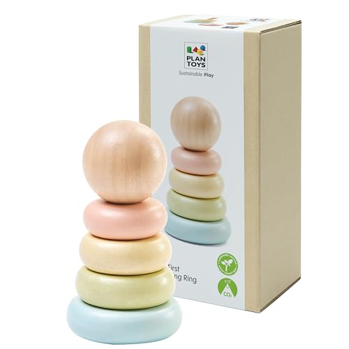 Image of PlanToys® First Stacking Ring | Montessori Wooden Stacking Toy for Babies & Toddlers | Baby Learning Toy for Fine Motor Skills, Sensory Play & Color Sorting