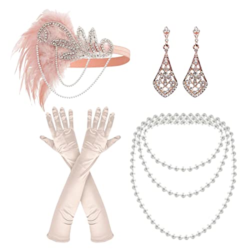 NITAIUN 4 peças 1920 conjunto de acessórios 1920s Flapper diadema colar luvas compridas brincos acessórios de mão Great Gatsby acessórios vintage para rugir festa dos anos 20 (Set R)