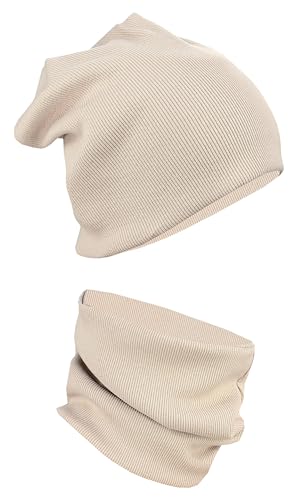 Alkato Unisex Beanie Mütze und Schal Set Uni Farbe: Rippstoff Beige Größe: Einheitsgröße
