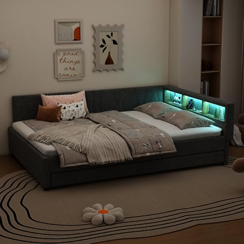 RIAZOS Polsterbett Schlafsofa 140x200, Doppelbett mit Ausziehbett, Daybett mit LED Staufach, Tagesbett mit USB Typ C Ladefunktion, Jugendbett Kinderbett Gästebett, Leinen, ohne Matratze, Grau
