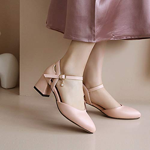 VOKLIN Women's Girls Pointed Toe Dress Pumps Ankle Strap Chunky Mid Heels Princess Mary Jane Sandals Shoes3