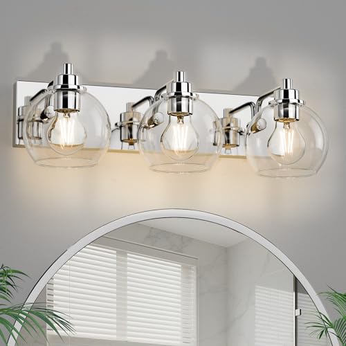 Image of 3 Light Bathroom Light Fixtures-Chrome Bathroom Vanity Lights, Modern Vanity Lights 3-Light Bathroom Lighting Fixtures Over Mirror with Clear Glass Globe Shade