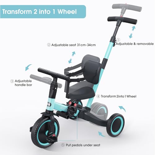 Image of newyoo Tricycles for 1-3 Year Olds, Toddler Bike, Birthday Gift and Toy for Boys and Girls, Toddler Tricycle with Parent Push Handle, Trike with Backrest and Safety Belt, Blue, TR007