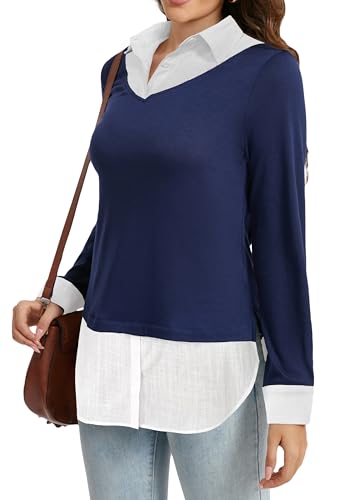 Image of Oyamiki Women's Casual Collared Curved Hem 2 in 1 Pullover Tops Plaid Contrast Shirt Blouse