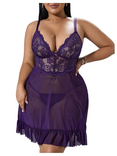 OYOANGLE Plus Size Lingerie for Women Lace Sheer Babydoll Chemise V Neck Mesh Sleepwear