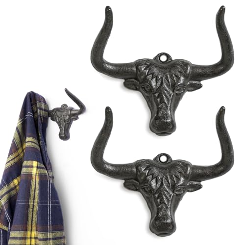 Cast Iron Hooks Wall Mount 2 Pack Outdoor Western Decorative Wall Hooks Heavy Duty Towel Hooks for Bathroom Entryway Closet Cow Bull Animal Hooks Wall Decor Antique Rust