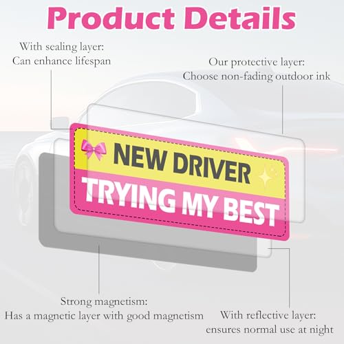 Image of 5Pcs Pink Beginner Magnetic Car Stickers, Beginner Magnet Supplies for Car Student Driver Sign, Lovely New Driver Sticker Supplies Suitable for Keeping a Safe Distance on The Road