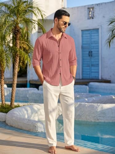 Image of FINIVO FASHION Men's Casual Cotton Plain Button Down Shirt Long Sleeve Textured Summer Beach Shirt for Men