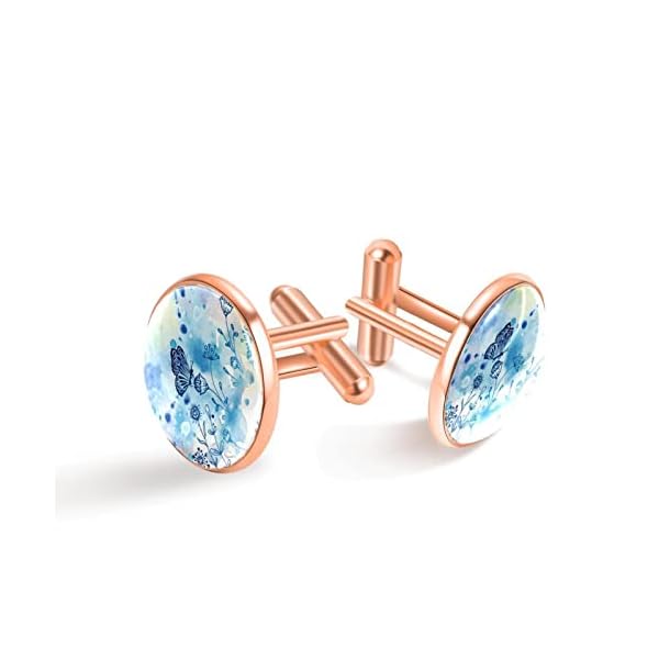 1 Pair Personalized cufflinks for men, Mens Cufflinks and Studs Cuff Links with Jewelry Box, Boys Cufflinks Shirt Accessories for Special Occasions Wedding Party Hand Drawn Blue Butterfly Flowers