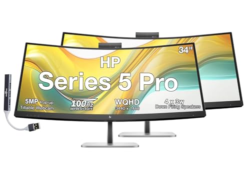 Image of HP Series 5 Pro 34 inch WQHD USB-C Conferencing Monitor, 5MP Pop-up Webcam, 4x3W Speakers, Tilt, Swivel, Height Adjustment Mount, Displayport, HDMI & DKZ USB Hub, Black /Silver 2 Pack