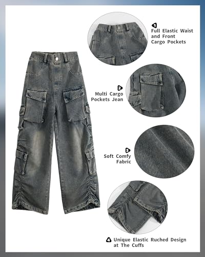 Rolanko Girls Cargo Pants Baggy Y2K Cargo Trousers Jeans Wide Leg Pants with Multi Pockets 4-15 Years2