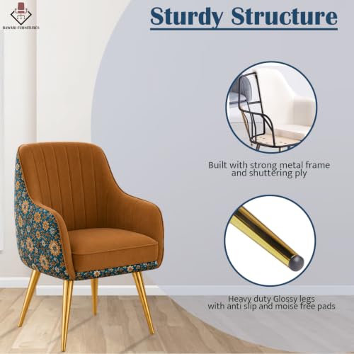 Image of Set of 2 Accent Chair for Living Room | Modern Armchair in Soft Velvet Fabric with Sturdy Legs | Premium Chair for Home Living Room Bedroom Restaurent | (Gold Legs, Light Brown Floral)