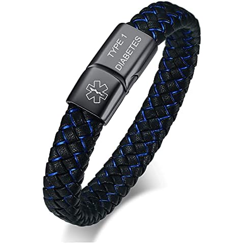 VNOX Medical Alert ID TYPE 1 DIABETES Blue&Black Braided Leather Stainless Steel Cuff Bracelet Cover