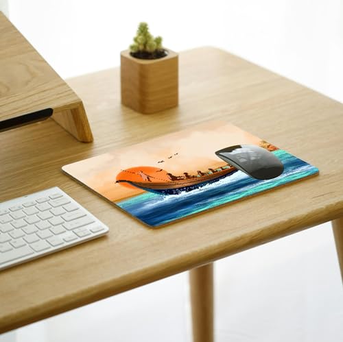 Image of Vintage Boat Sunrise Ocean Art Mouse Pad - Non-Slip Rubber Base Desk Mat for Home & Office - Smooth Surface Gaming & Work Mouse Pad (Multicolor Scenic Print)