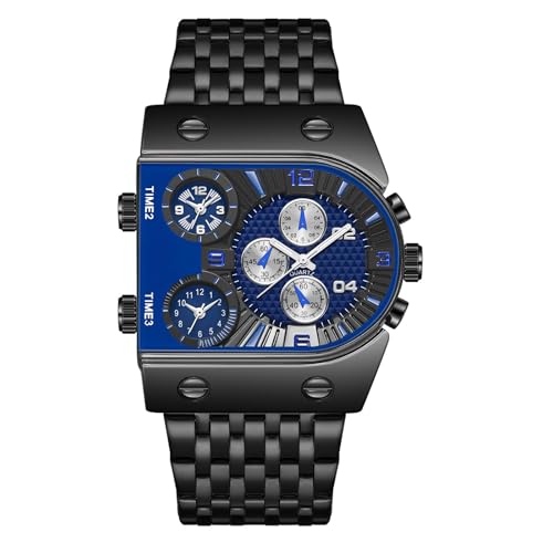 Mesuaeso Reloj Digital Reloj Luminoso for Hombre, multizona horaria, Esfera Grande, Reloj de Pulsera de Cuarzo con Correa de Acero, Accesorios Formales for Hombre. Relojes(Black and Blue)