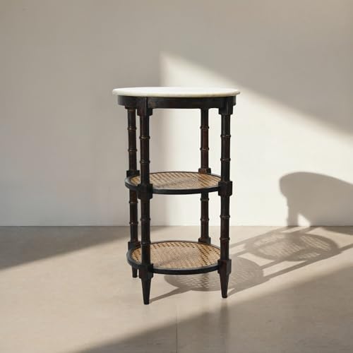 Creative Co-Op Round Solid Wood End Table with Genuine Marble Top and 2 Woven Cane Storage Shelves, Brown Stain and Natural by Creative Co-Op - Image 7