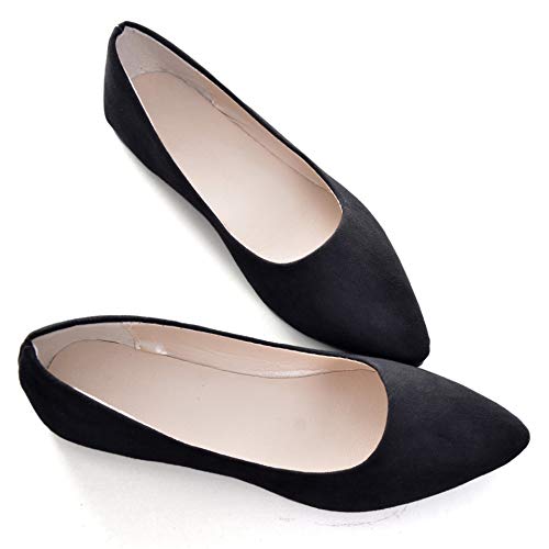 Henoo Women's Pointed Toe Slip On Flats,Soft Suede Shallow Solid Ballet Flats Shoes,Black