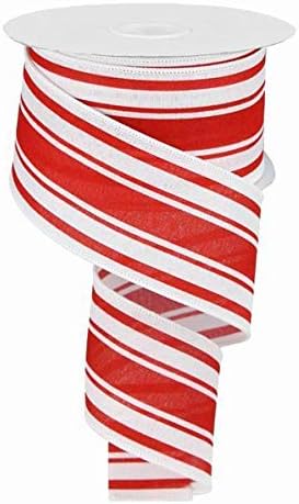 Farmhouse Stripe on Canvas Wired Edge Ribbon - 2.5 x 10 Yards (White, Farmhouse Red)