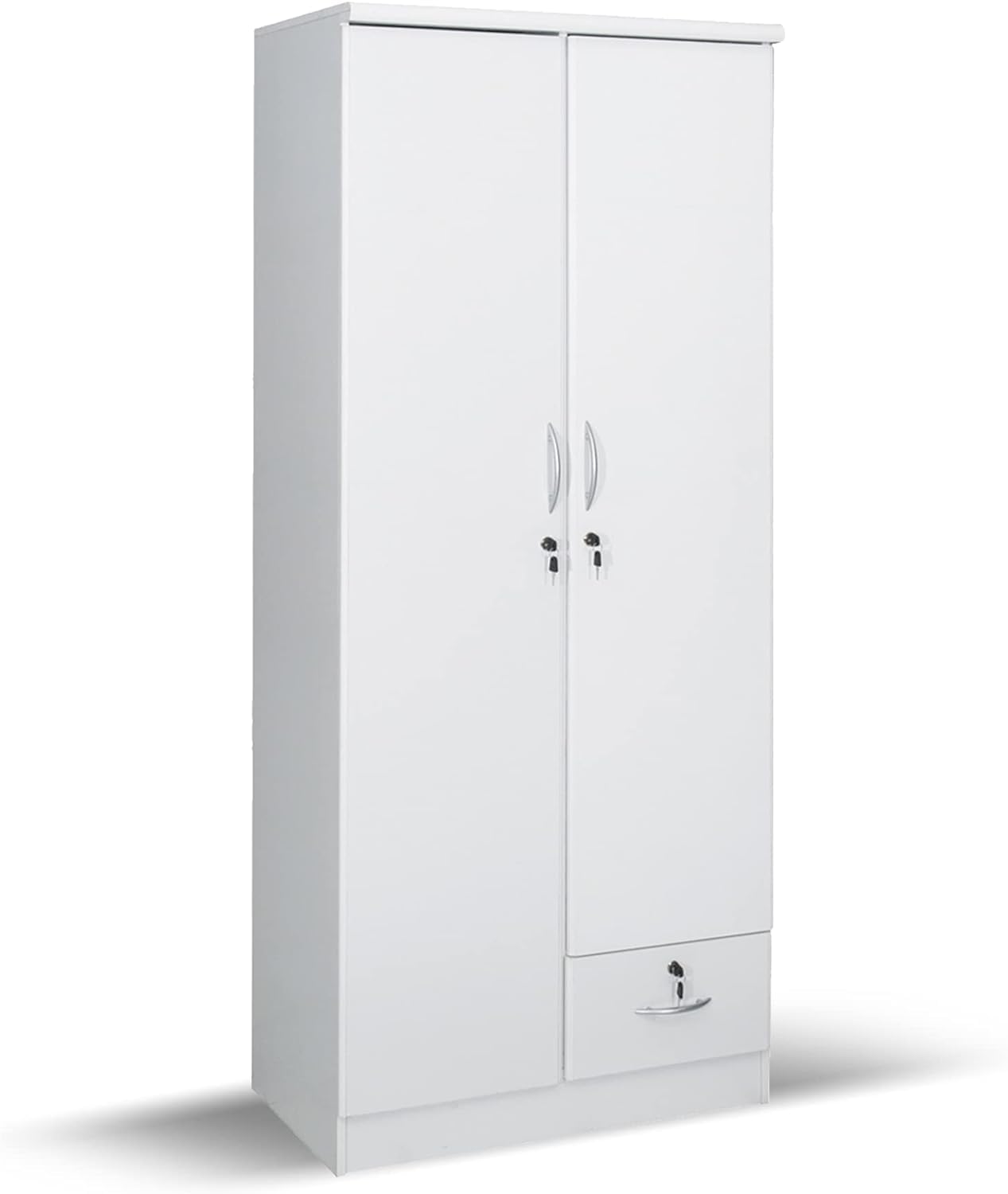 Uzman Home 2 Door Wooden Wardrobe With 1 Lockable Drawer White Color - Size (80L x 45D x 185H) Cm
