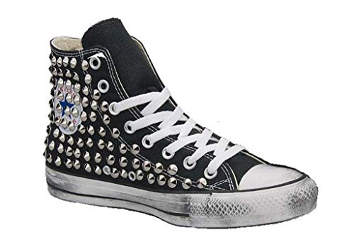  Scarpe Personalizzate Borchiate Sneakers Nera (Artigianali) con Borchie Punta Cono Argento Effetto Invecchiato 38 EU