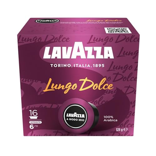 Lavazza A Modo Mio Lungo Dolce, 1 Paquete de 16 Cápsulas de Café, 100 % Arábica, Sabor Dulce y Suave, Intensidad 6/13, Tostado Medio, para un Espresso de 40ml