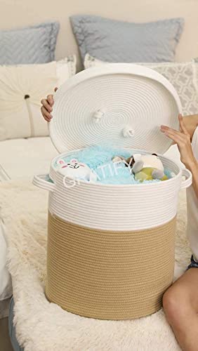 Image of Mansa Traders 12 inch x 12 inch x 14 inch Large Storage Basket with Lid, Cotton Rope Storage Baskets, Laundry Hamper, Blankets Pillows Storage in Living Room Baby Nursery, White&Beige Stiches with Cover