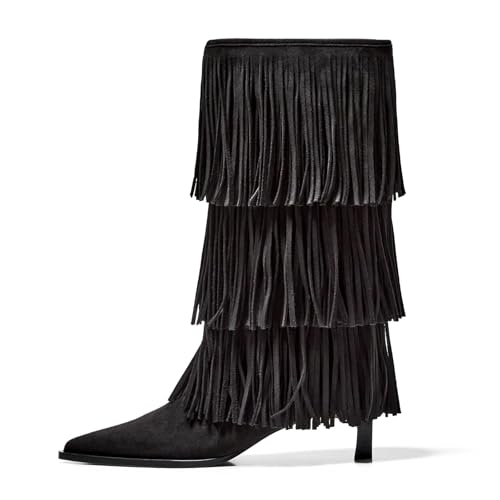 Fringe Boots Mid Calf Boots for Women Pointed Toe Kitten Heel Suede Boots Pull On Fashion Casual Dress Boot wits Tassels