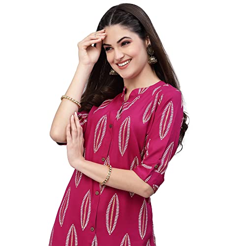 Image of Stylum Women's Turquoise Block Printed Rayon A-Line Kurta | Office Kurtas for Women (Available in Plus Sizes)