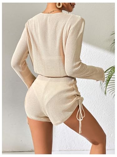 GORGLITTER Women's Crochet Swimsuit Cover Up Wrap V Neck Long Sleeve Drawstring Side Coverup Romper3