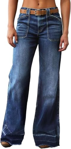 Wide Straight Leg Mid Rise Baggy Pocket Denim Jeans Without Belt