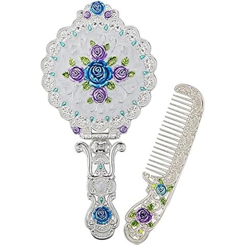Nerien Vintage Round Rose Metal Mirror Comb Set Antique Hand Held Vanity Mirror Comb Set Silver Cover
