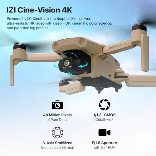 Image of IZI Brephos Mini Nano Drone, Premium Drone with Camera 4K Professional, 48MP Ultra HD Lens, Starlight Night Vision, 3-Axis SteadyFrame Stabilizer, 3000mAh Long Flight, <249g Featherweight, 20km Range