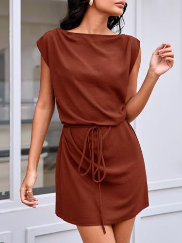 Image of Wenrine Womens 2026 Summer Mini Dress Casual Sleeveless Tie Waist Loose Ruched Beach Vacation Short Sundresses