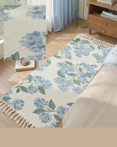 Image of SAGON 2x5 Ft Printed Runner Carpet - Cotton Bedside Rug for Bedroom & Living Room (Pastel Blue Blossom)