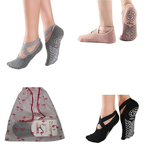 Yoga Socks for Women Non-Slip Anti-slip Grips with Straps, 3 pairs socks "black, Pink & Gray", exercise workout socks, Pilates Ballet Dance Socks, One size fit (35-42)