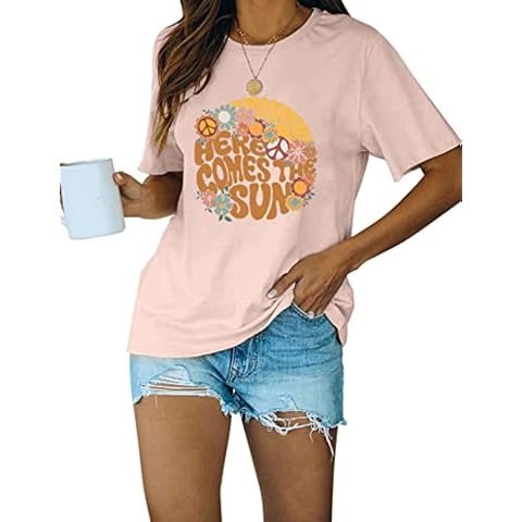 Here Come The Sun Shirt Women Summer Sunshine Print Beach Tops Vintage Vacation Short Sleeve T Shirt(P2-Pink,XX-Large) Cover