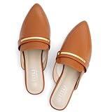MUSSHOE Mules for Woman Pointed Toe Women's Bukle Mule Flat Slip-on Womens Mules Shoes Casual Fashion Party Work,Tan PU 7