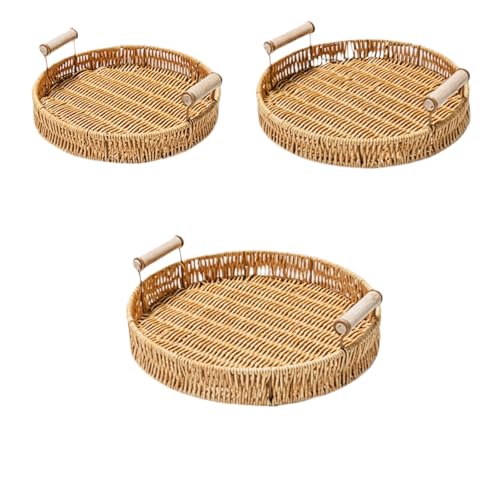 NISYOCIY Round Rattan Trays with Handles, Decorative Woven Wicker Baskets Serving Trays for Coffee Table Decor, Bread, Fruit, Snacks, 150 pcs Greaseproof Paper Included, Set of 3