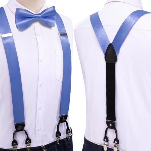 Image of Hi-Tie Men Suspender Bowtie Set Suspenders Pre-tied Bow Tie Pocket Square Cufflinks Adjustable Y Shape 6 Clips Braces Tuxedo