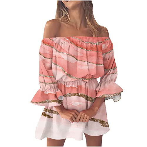 AMhomely Summer Dresses for Women Party Elegant Sexy Casual Off Shoulder Printing Bell Sleeve Dresses Ladies Trendy Tunic Dresses Activewear Dresses for Vacation Cocktail Formal Work Wedding
